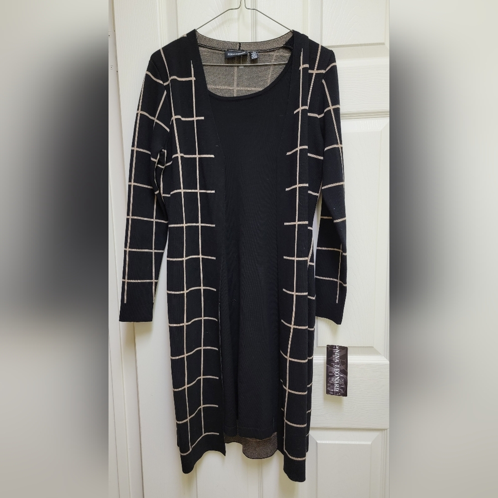 Nina Leonard Black Dress w attached Black/Tan Checkered Cardigan